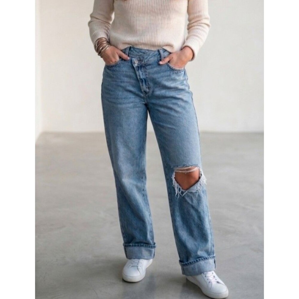 Judy Blue Size 30 Criss-Cross Asymetrical Dad Jeans Distressed Stretch Y2K